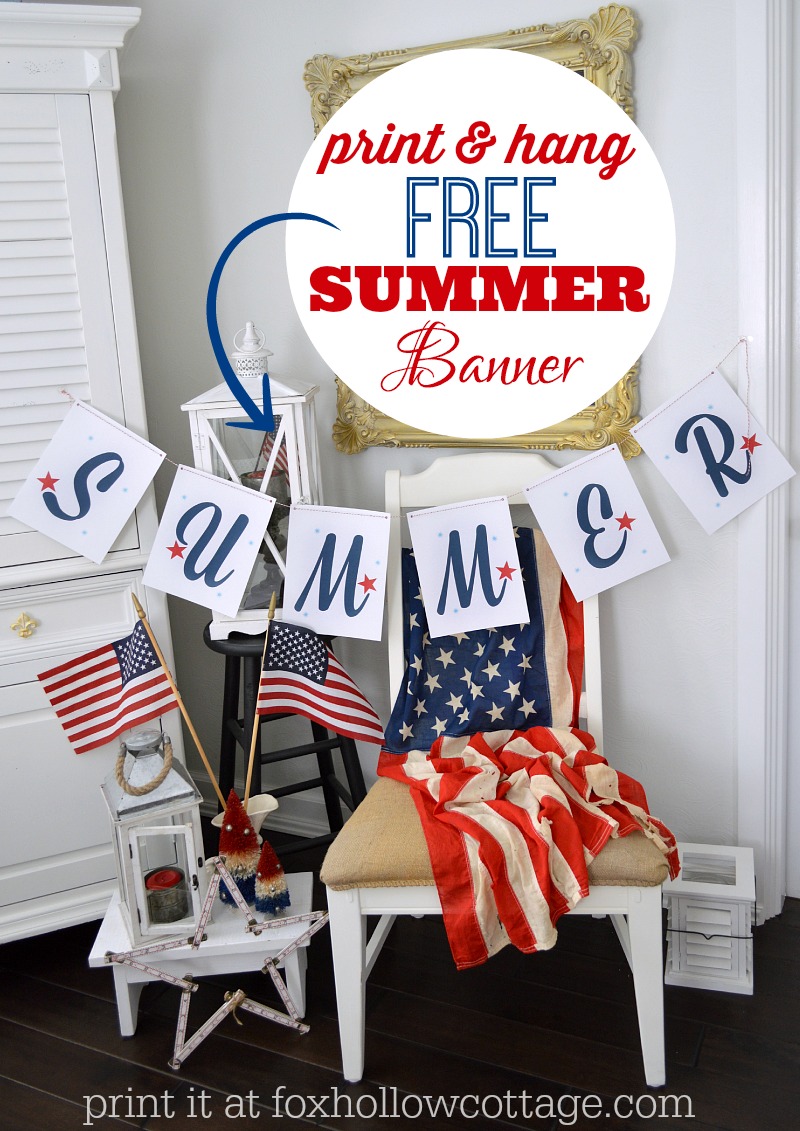Printable SUMMER banner - Patriotic Red White Blue - www.foxhollowcottage.com -