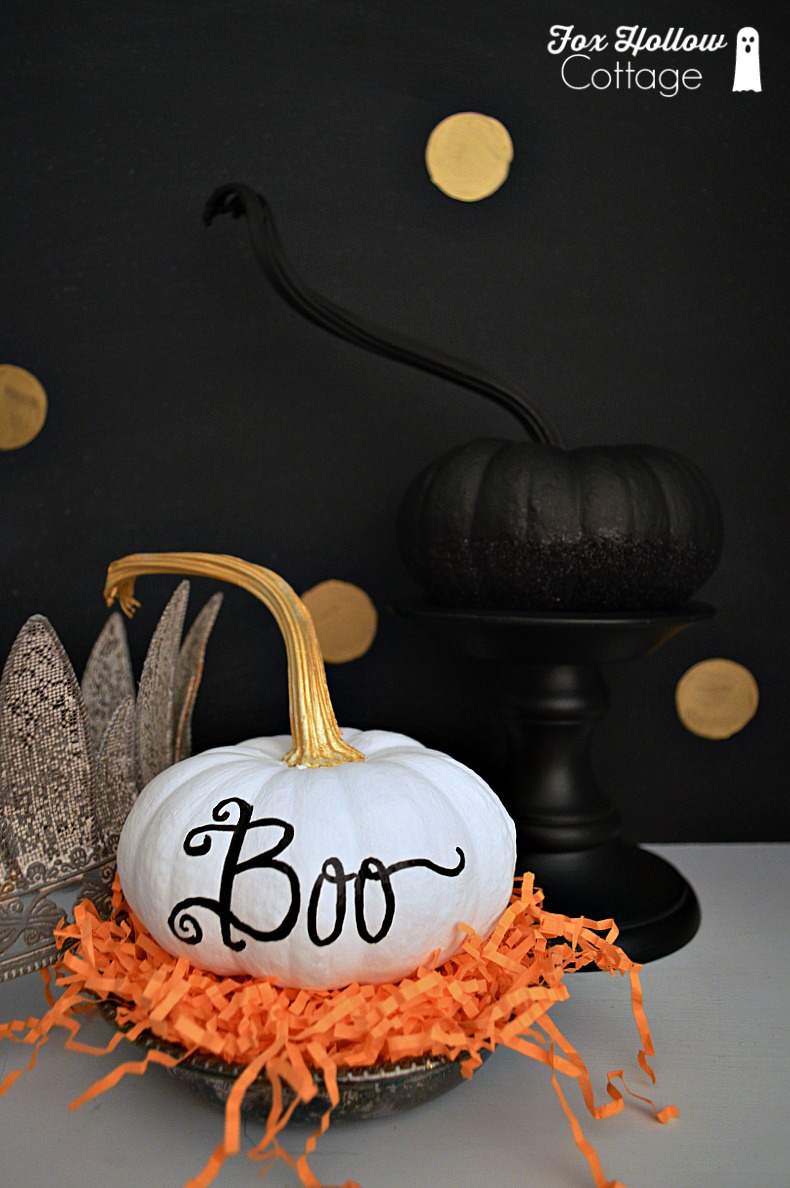 Painted Pumpkin Craft BOO DIY Halloween Decor foxhollowcottage.com