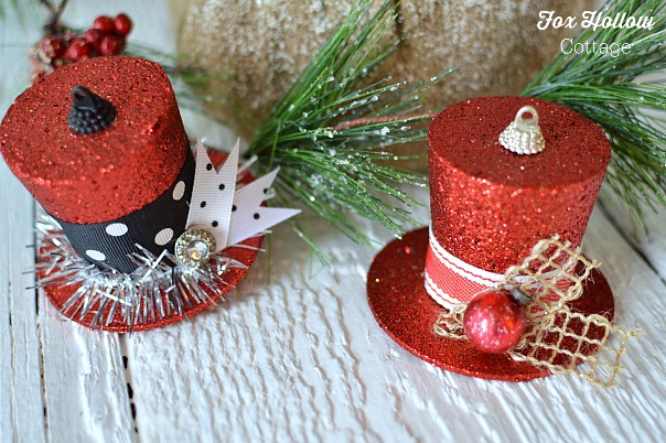Dollar Tree Christmas Ornament Makeover into Vintage Frosty Top Hats foxhollowcottage