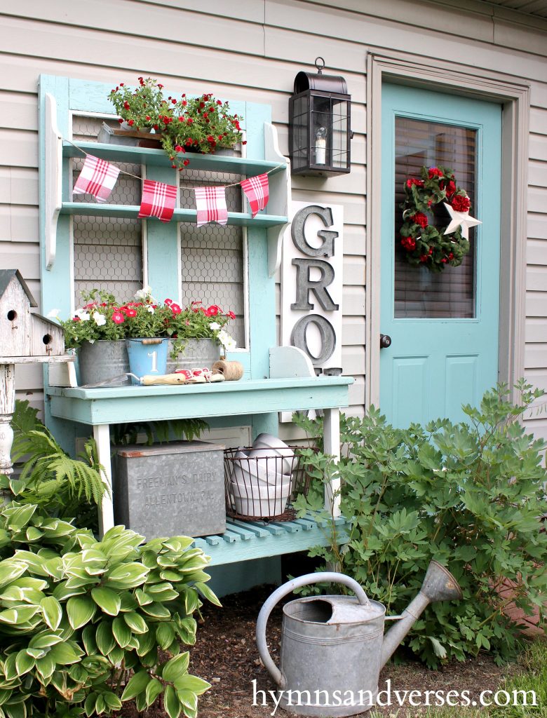 Red White and Aqua Blue Potting Bench