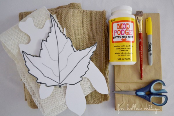 Fall Burlap and Paper Sack Craft Tutorial Supplies. How to make fall leaves to decorate your home porch or patio! #Fall #Craft #DIY #HomeDecor