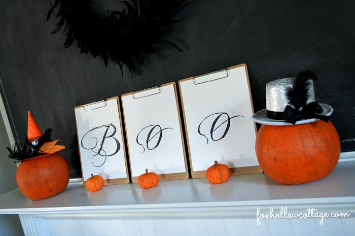 BOO Black and Orange Simple Halloween Mantel foxhollowcottage.com