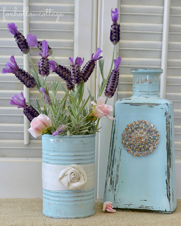 aqua bottle and tin can painted re purposed into decor tour