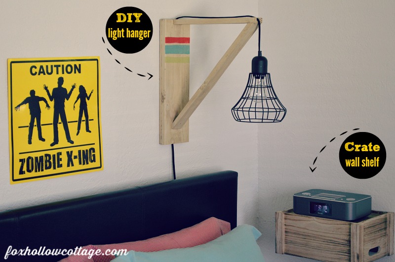 Eclectic Teen Boy Bedroom Makeover - Diy Wall Light Hanger - Crate as Wall Shelf