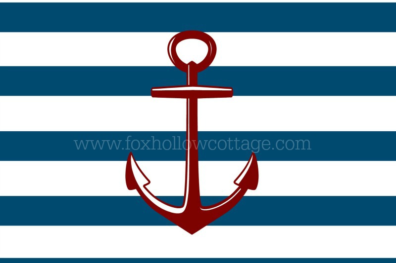 Free Printable Nautical Art - Blue Stripe Red Anchor - www.foxhollowcottage.com
