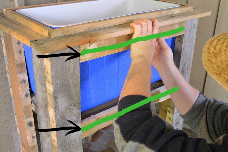 Measure. Cut. Dry fit. Nail In the front face support boards - DIY Wood Deck Cooler #thehomedepot #3MPartner #ad