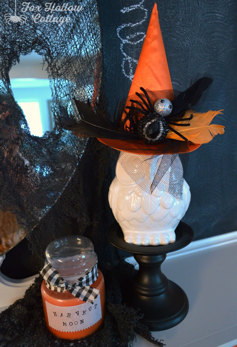 Halloween Decorating - White Owl Witch Hat Havest Moon - Fox Hollow Cottage 3