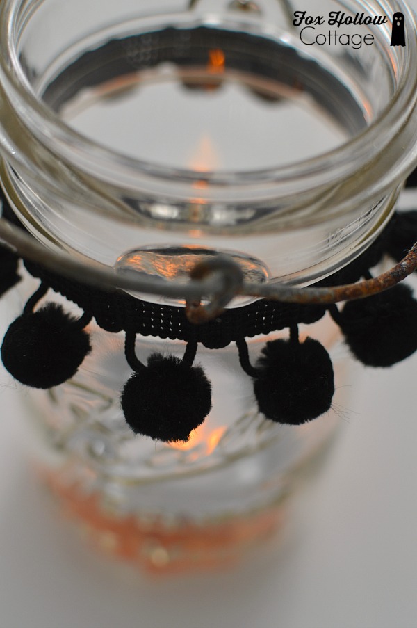 DIY Halloween Decor - pom pom trim mason jar luminary - foxhollowcottage