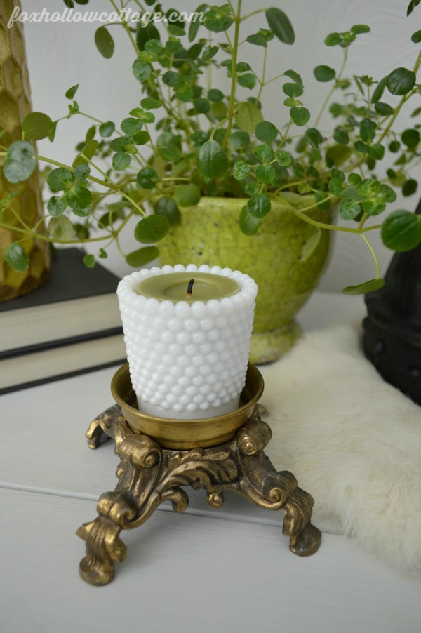 Thift Store Decor - Brassy Base and Hobnail Milk Glass Candle Holder - foxhollowcottage