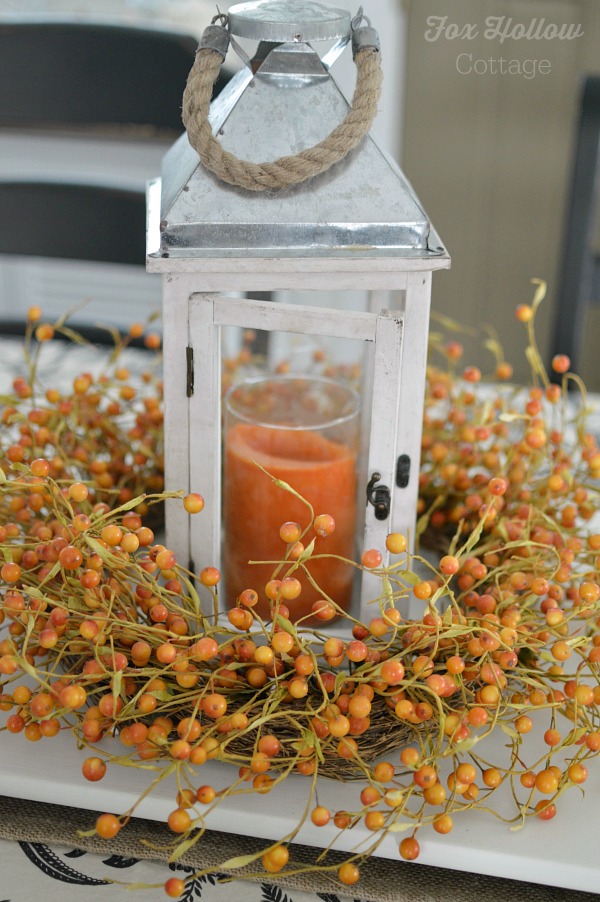 Fall Home Decor Candle Lantern with Autumn Wreath foxhollowcottage