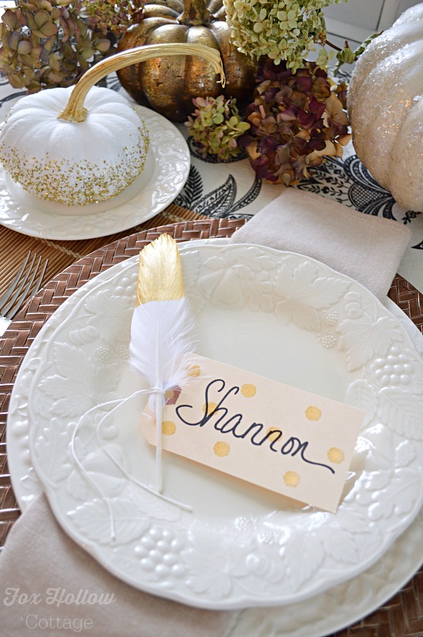 Thanksgiving diy place cards gold feathers and polka dots
