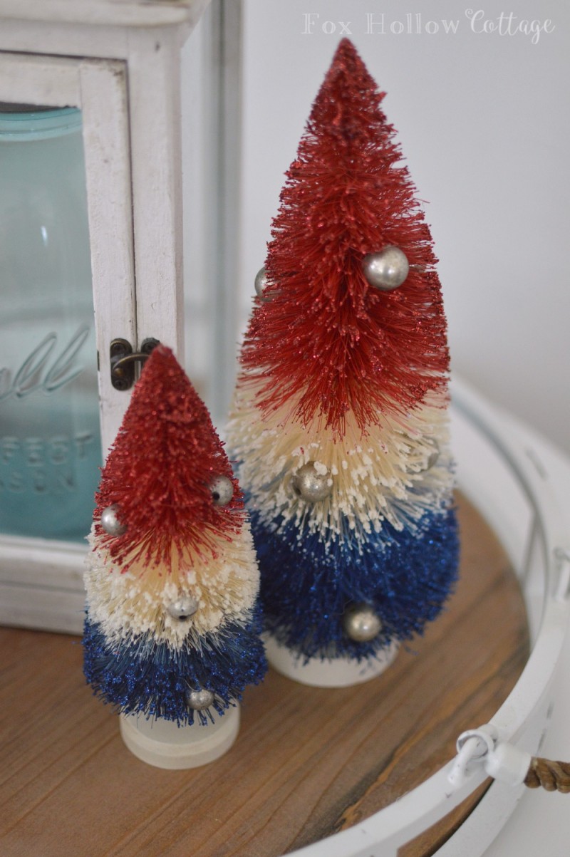 Vitage Bottle Brush Trees in Red White Blue Patriotic Americana Fourth of July Home Decor