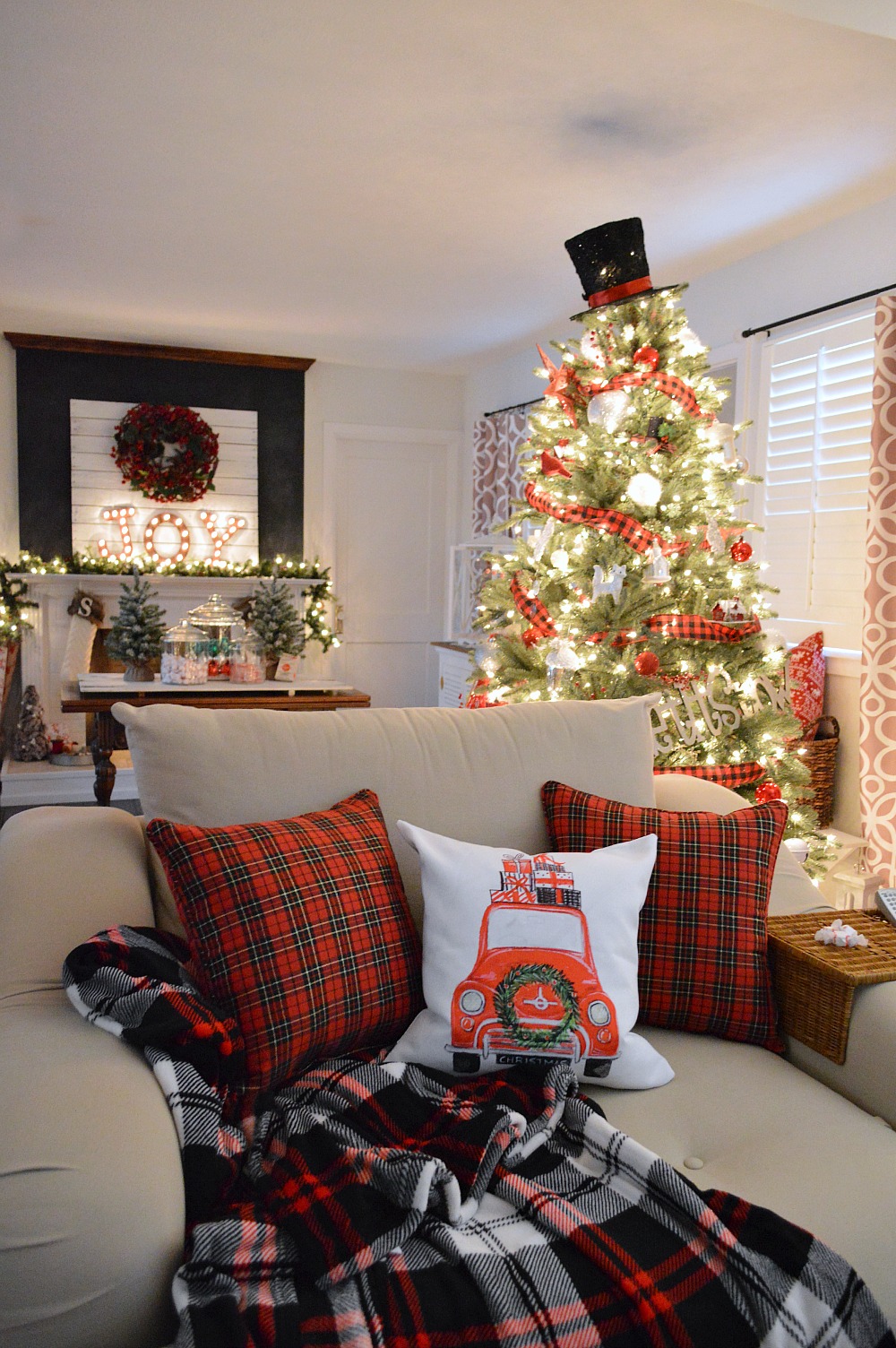 Cottage Christmas Home Tour - JOY Fireplace Mantel -Decorating with classic red and plaid at foxhollowcottage.com