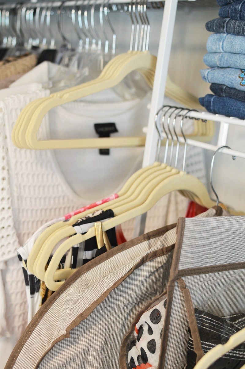 Slim velvet hangers are smart space savers and work great!
