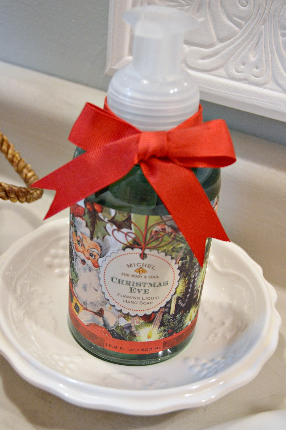 Christmas cottage seasonal pump soap with Santa face
