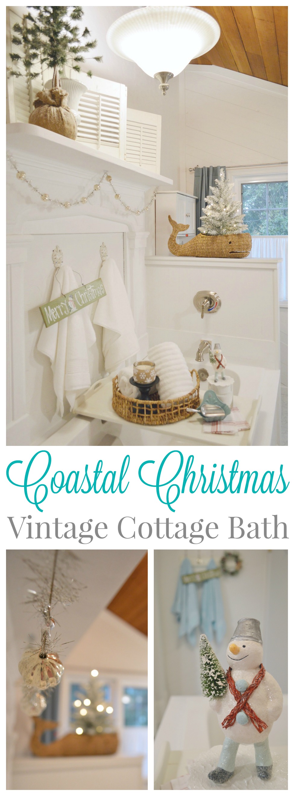 Coatal Christmas 1920's vintage cottage bathroom decorated for the holidays.