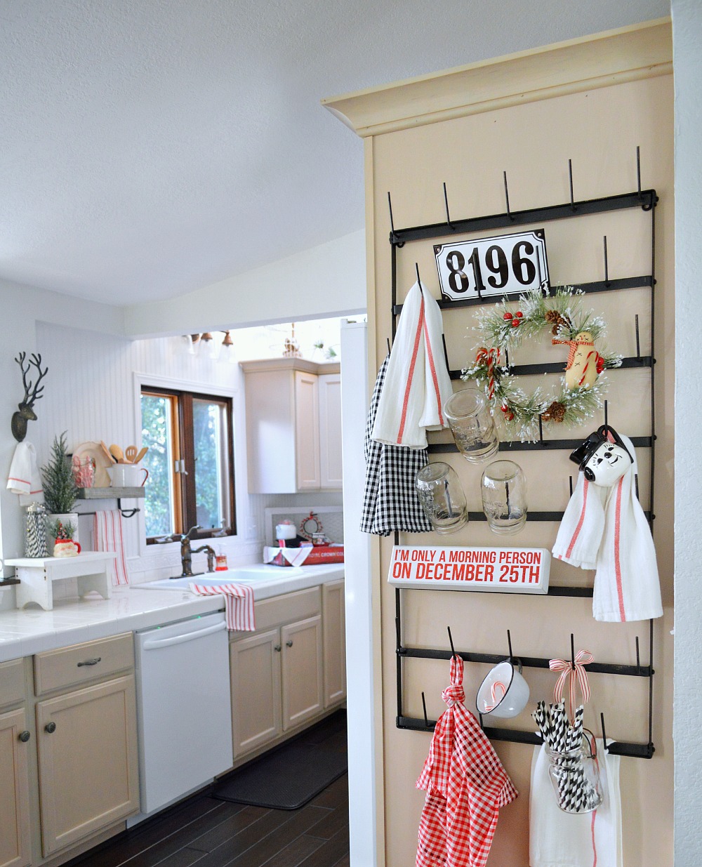 Kitchen with Vintage Dish Drying Rack. Fox Hollow Cottage Christmas Home Tour
