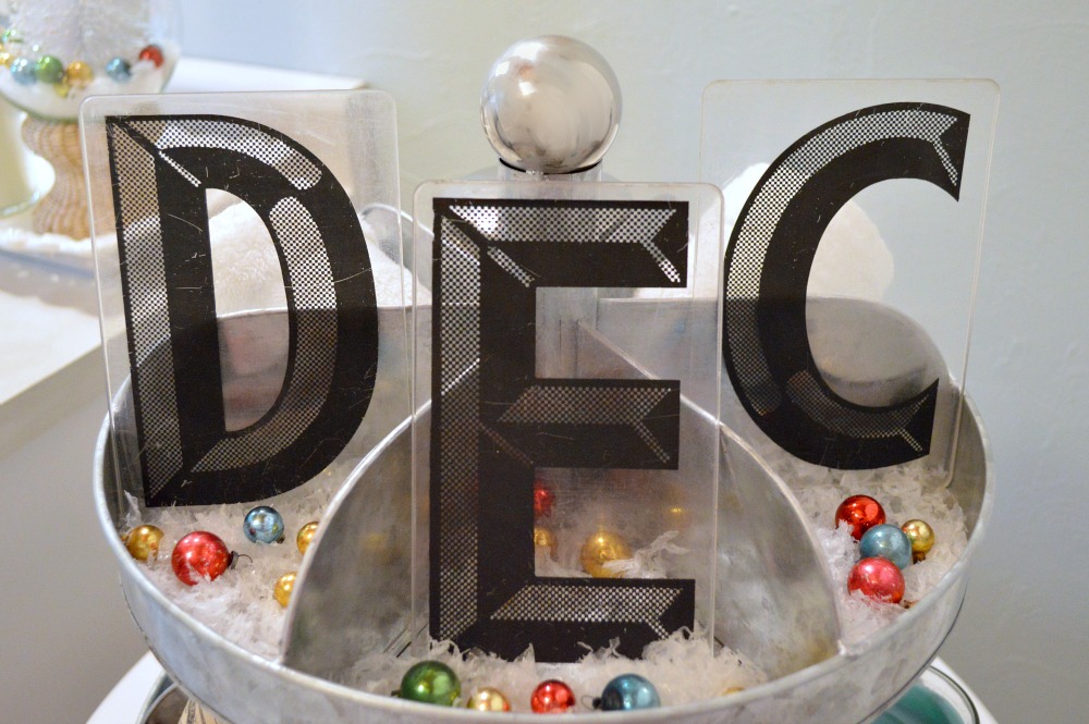D E C vintage marquee letters for December - Christmas Bathroom decorating, galvanized metal tiered organizer
