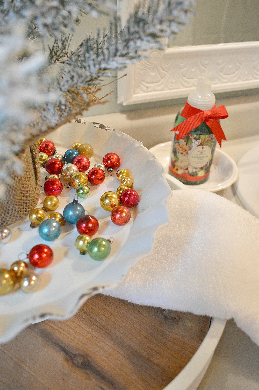 Vintage mini blown glass ornaments. Fox Hollow Cottage Christmas home, bungalow bathroom.