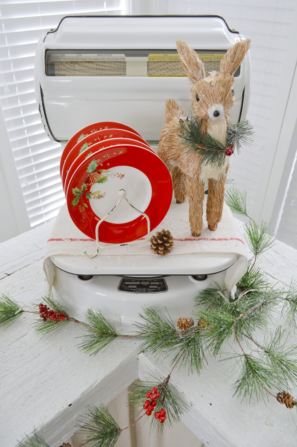 Vintage scale with red Lenox Christmas dishes and woodland Deer. Fox Hollow Cottage Christmas Home Tour. The kitchen & sun room. 