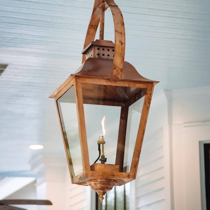 Vintage inspired gas light lamp - Southern porch with haint blue ceiling paint color