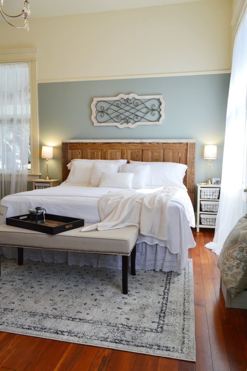 Master bedroom in aqua and white - Historic vintage Southern Romance home
