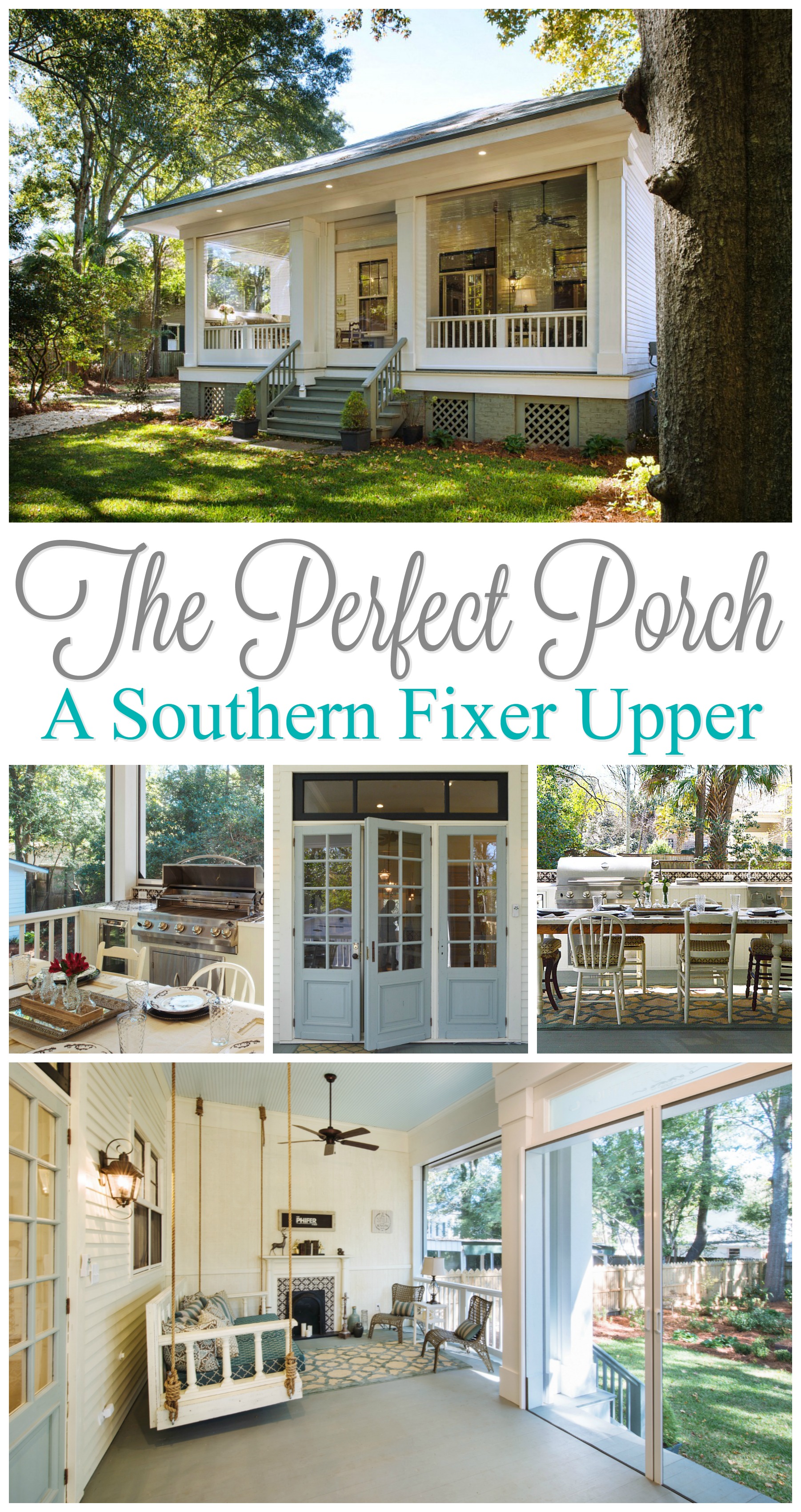 Year round outdoor entertaining with the perfect porch! A Southern fixer upper story. Built in BBQ and outdoor kitchen, daybed swing, ceiling fans...