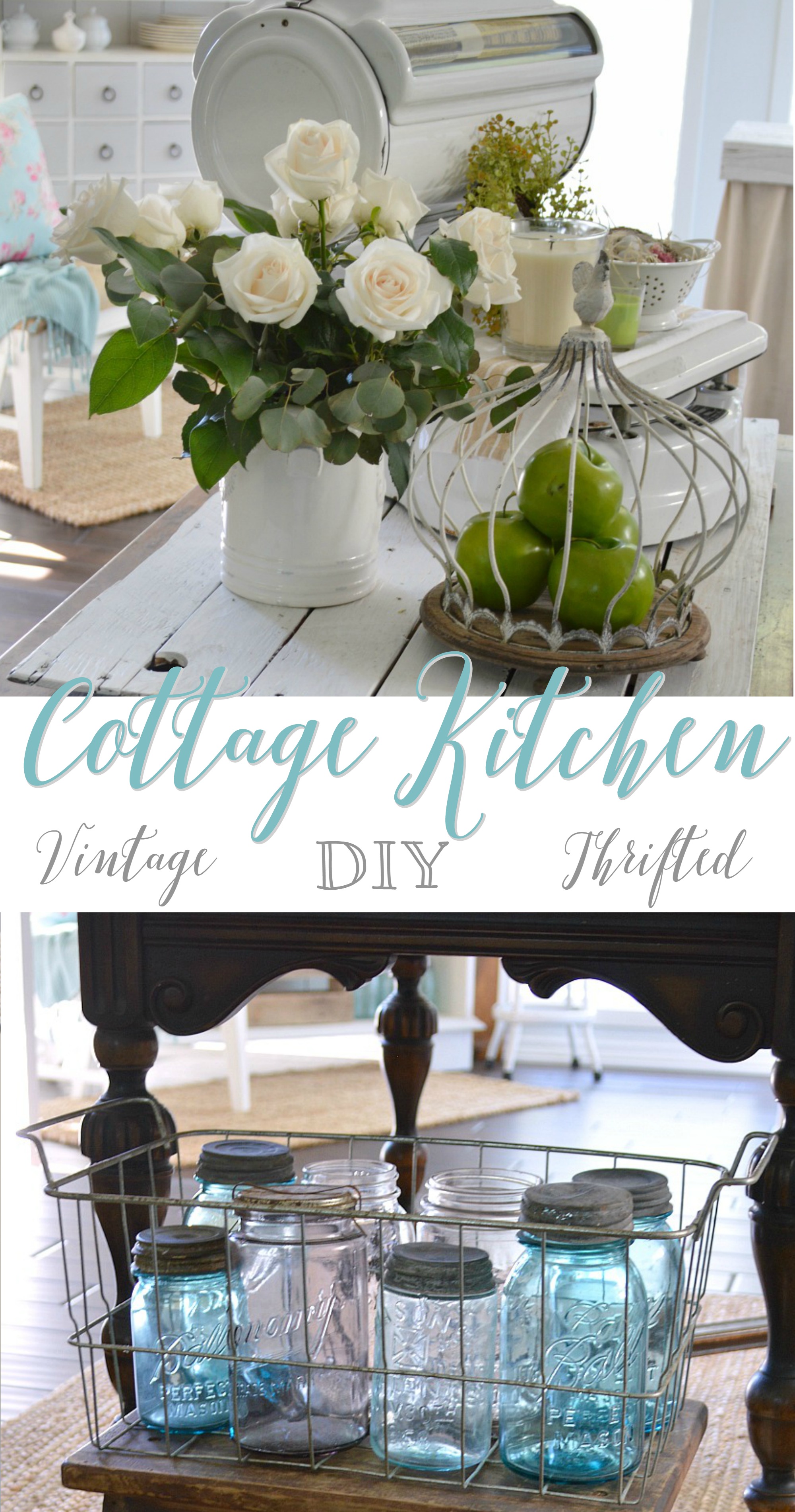 Vintage Cottage Kitchen Tour - full of thrifted and DIY projects - Spring at foxhollowcottage