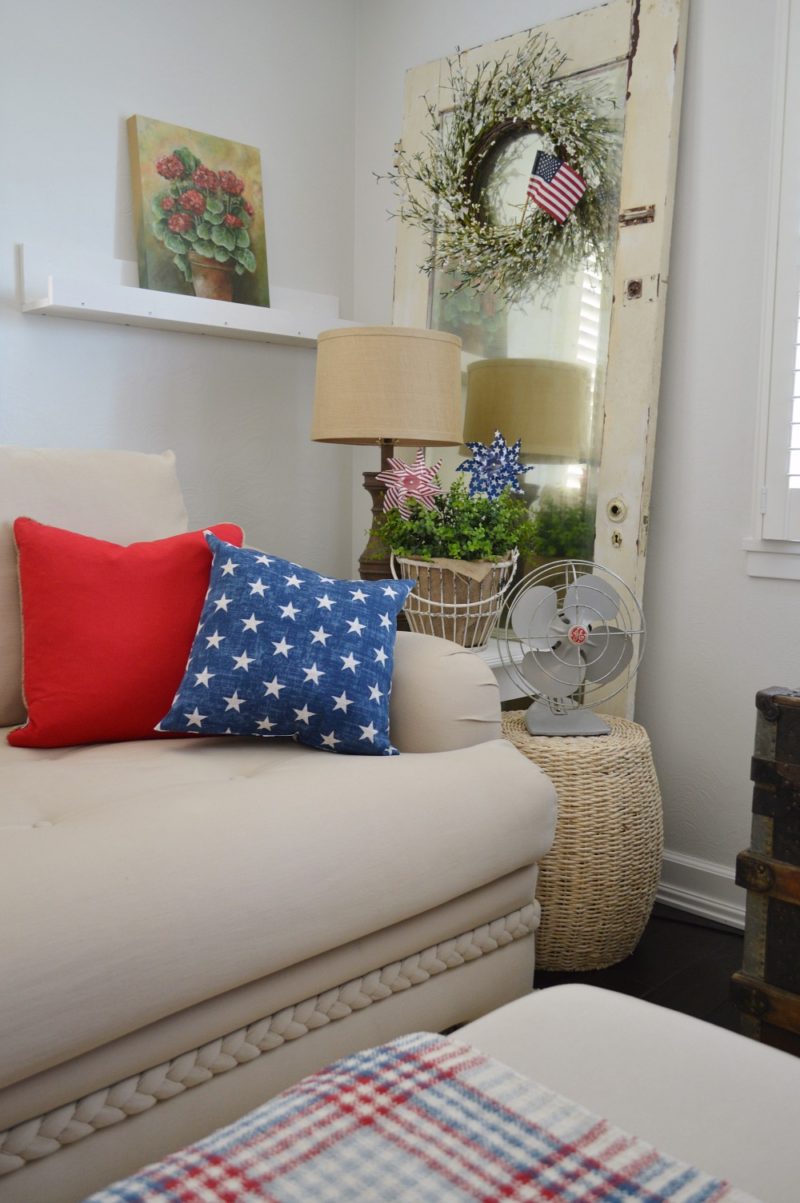 Summer living room decorating with nautical red white and blue