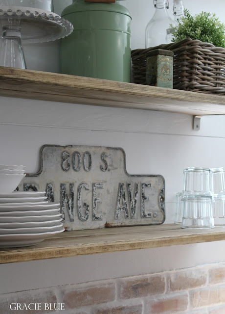Open Shelves in a Farmhouse Kitchen (by Gracie Blue) Cottage Green and Vintage Address Placque