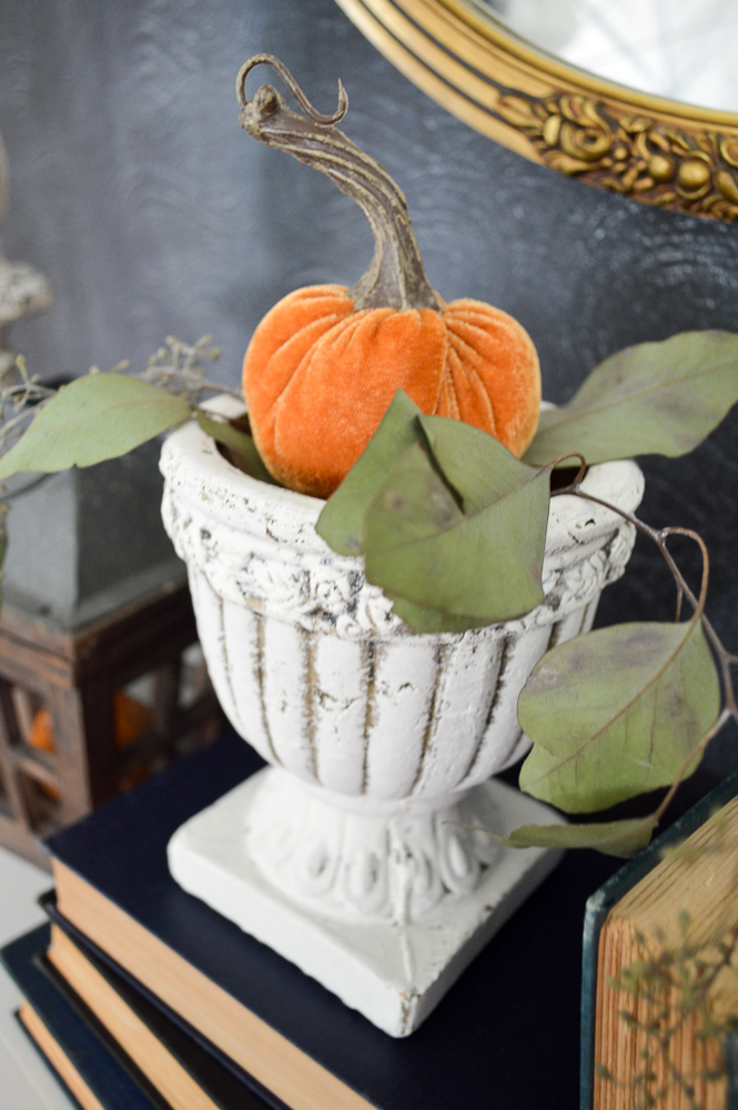 Beginner Friendly Thanksgiving Tablescape. Chalkboard fireplace mantel with vintage gold mirror