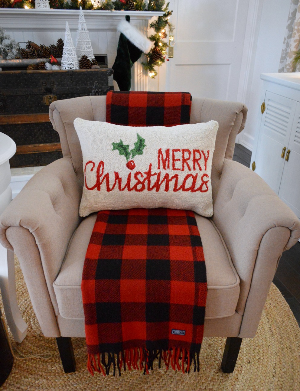 Holiday Housewalk Christmas at the cottage - Fox Hollow Cottage Home Tour - Merry Christmas Wool Pillow and Plaid Throw Blanket