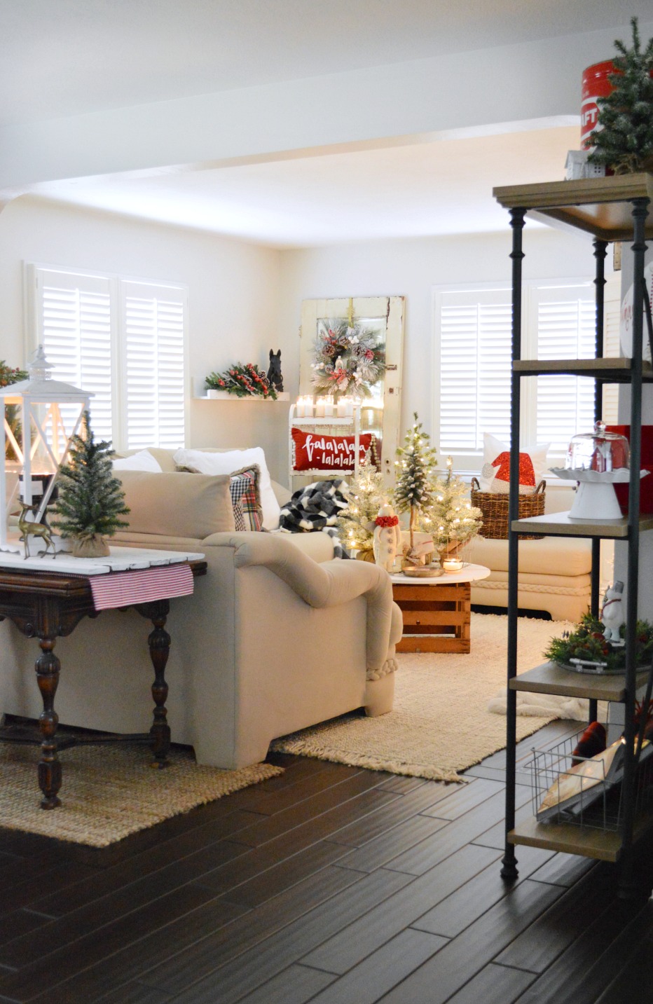 Merry Christmas Cottage Mantel Decorating - Better Homes & Gardens shelf, vintage fruit box coffee table