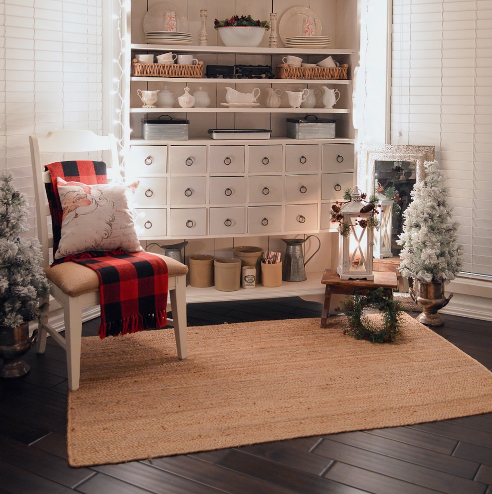 Merry Christmas Kitchen - Vintage holiday decorating, apothecary cabinet. Crock collection, plaid accents. 