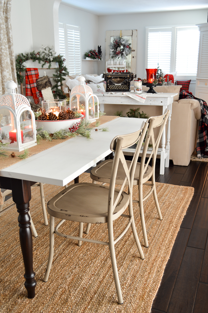 Have Yourself A Merry Little Christmas. Fox Hollow Cottage Holiday, vintage drop leaf dining table, farmhouse metal chairs, vintage enamelware centerpiece. 