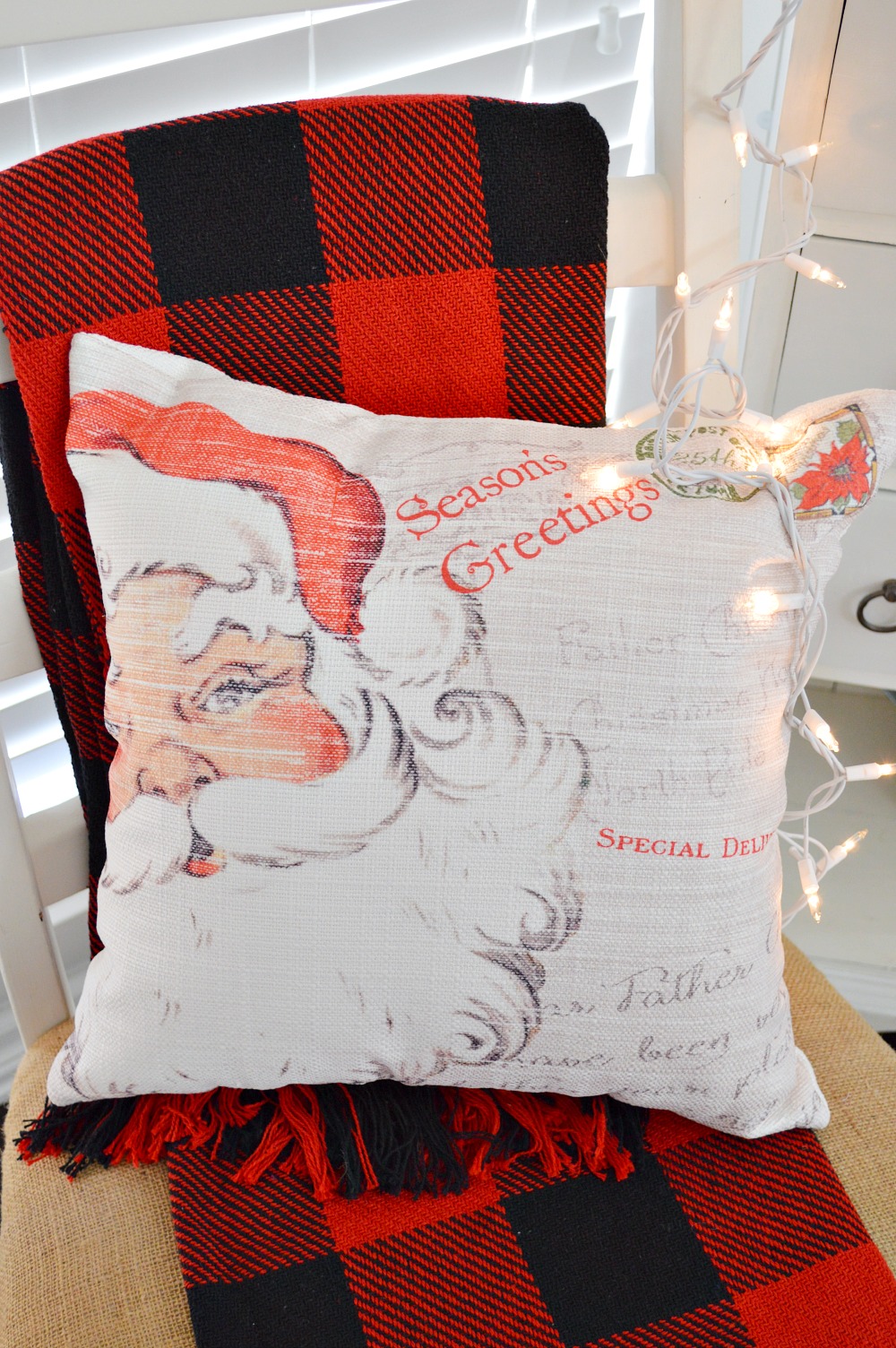 Merry Christmas - Jolly Santa pillow - Vintage holiday decorating, apothecary cabinet. Crock collection, plaid accents. 