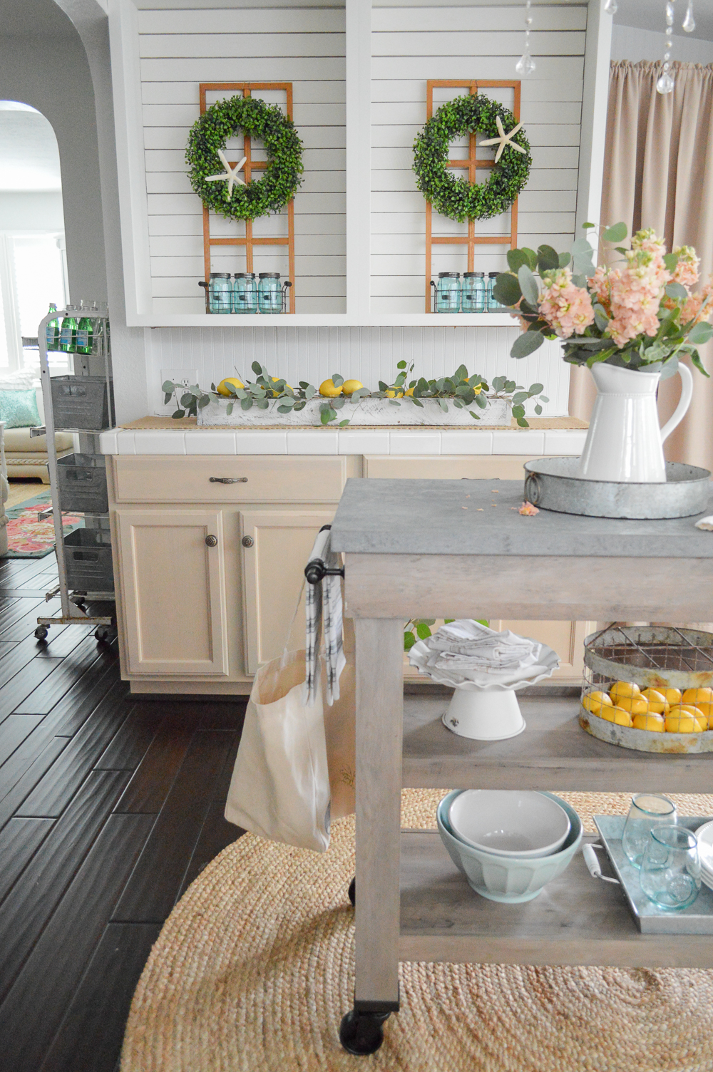 Simple Summer Decorating Ideas and Home Tour - lemon accent decor - farmhouse island cart 