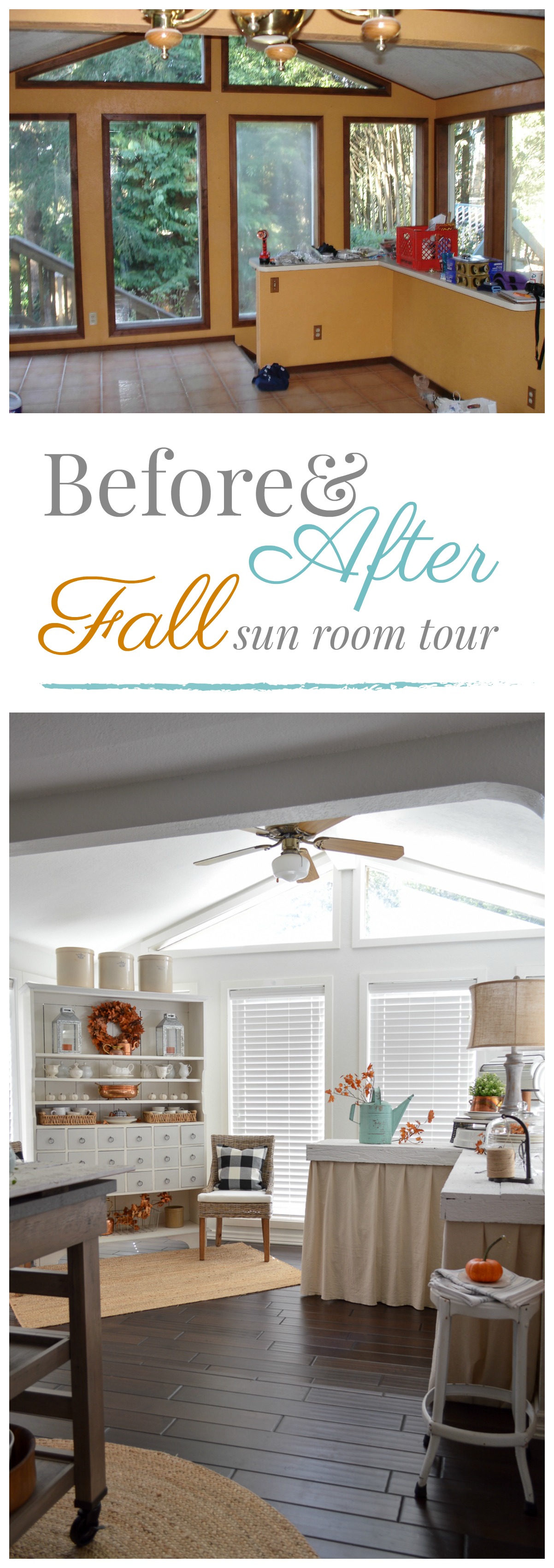 Before and after DIY sun room makeover, decorated for Fall - Fox Hollow Cottage