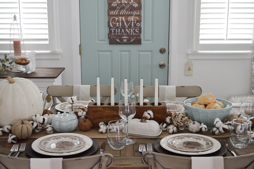 Thanksgiving Holiday Table Cottage Farmhouse Style - Easy Casual Farm Table Tablescape - Small House Living at www.foxhollowcottage.com