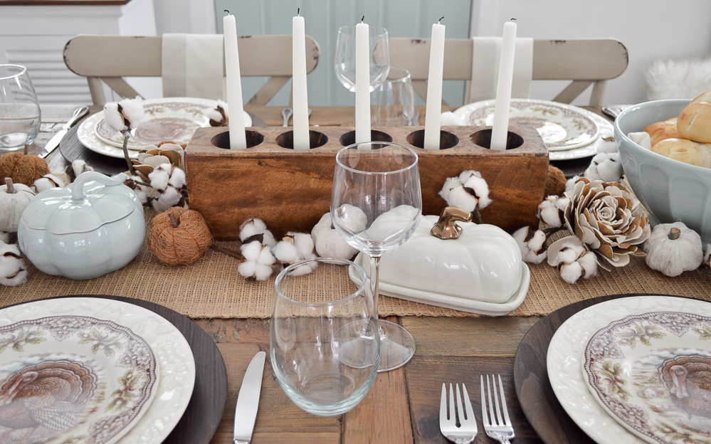 Cottage Farmhouse Thanksgiving Turkey Tablescape  - Easy Casual Farm Table Setting - Small House Living at www.foxhollowcottage.com