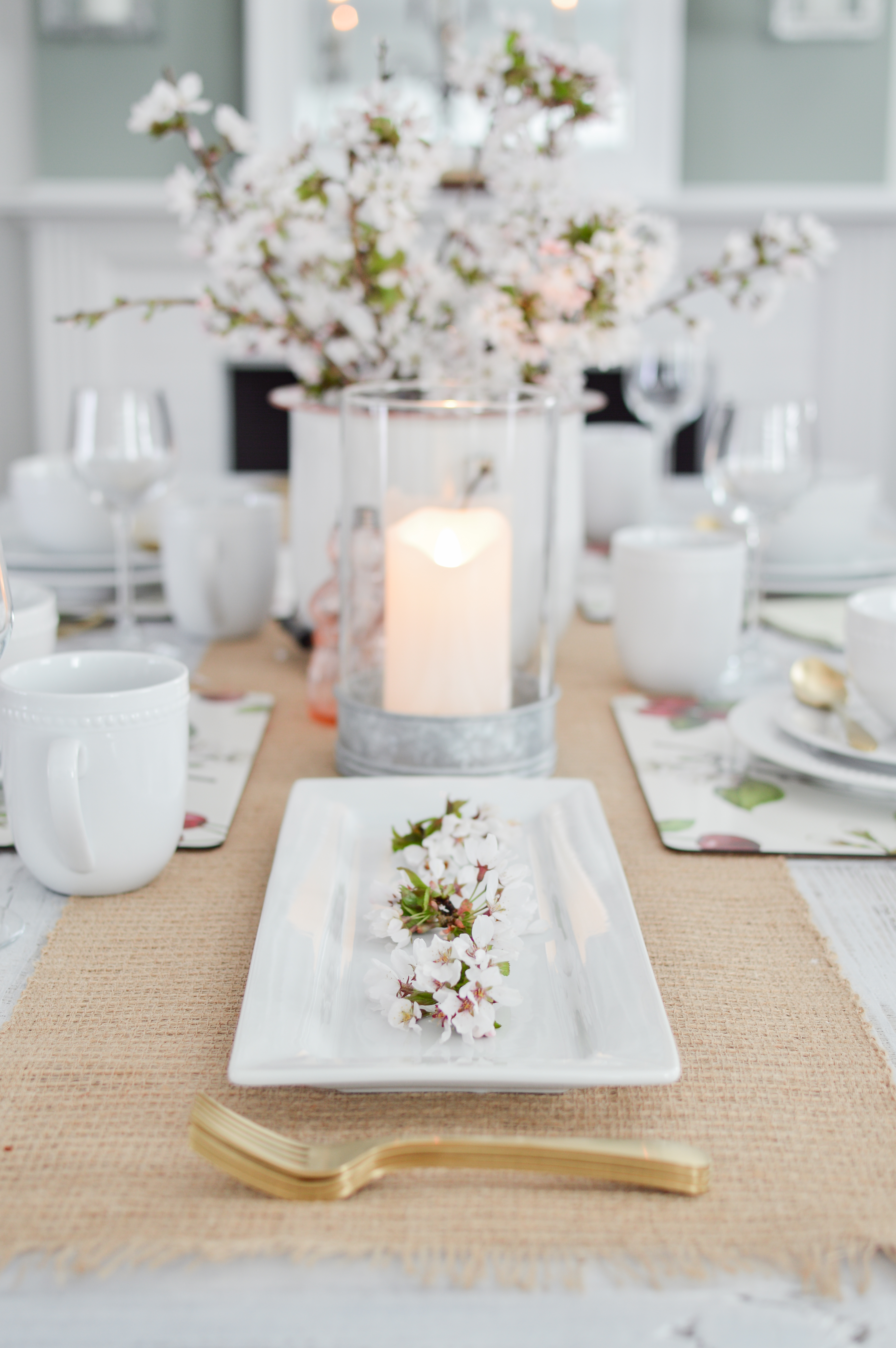 Cottage Farmhouse Farm Table Setting with Cherry Blossoms for Spring