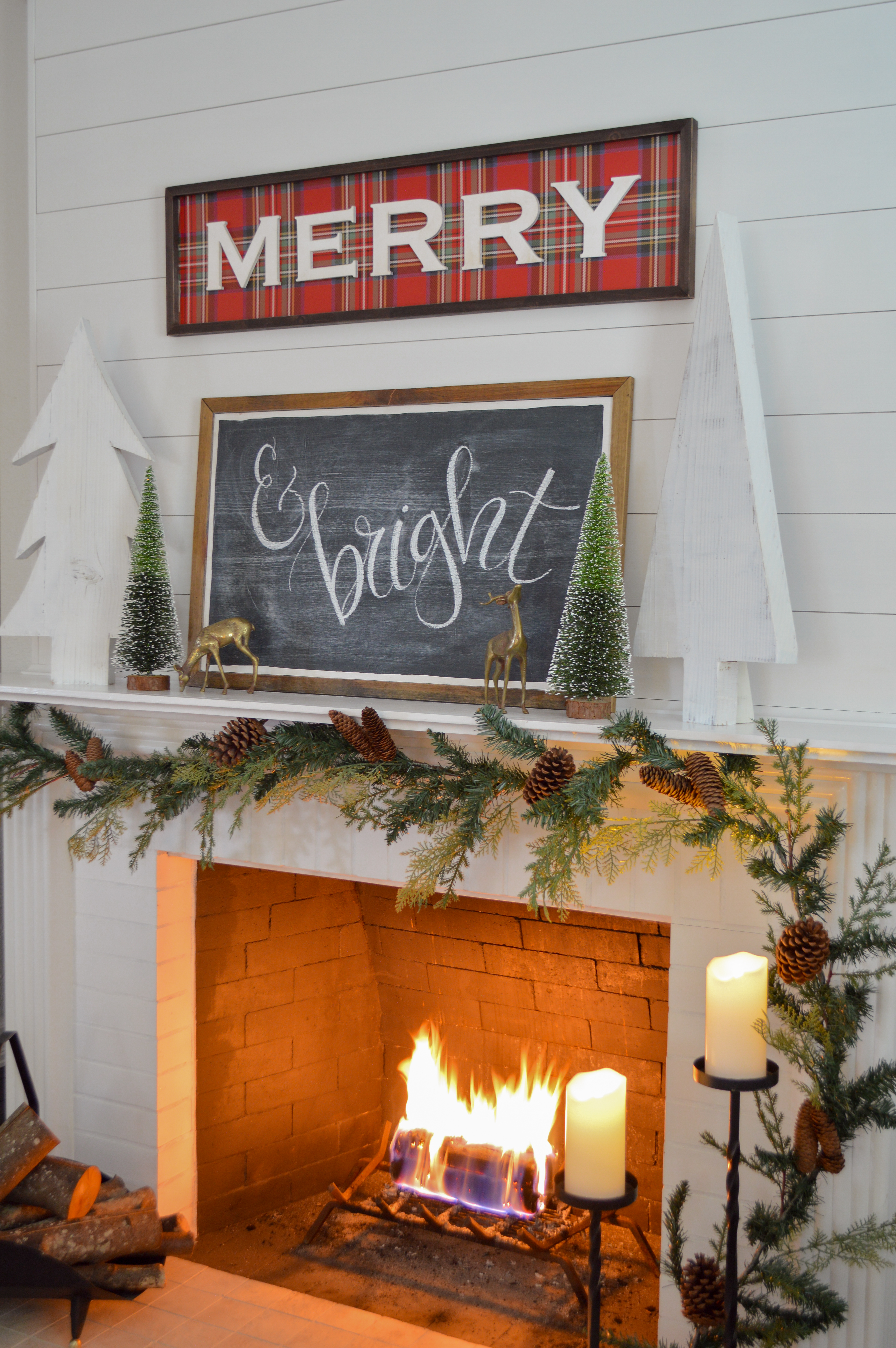Holiday Housewalk Merry Christmas Home Tour - DIY wood trees, mantle decorating ideas, white shiplap fireplace, MERRY plaid and chalkboard signs, french country chandelier. #holidayhousewalk #christmashometour #cozychristmas #cottagechristmas #farmhousechristmas